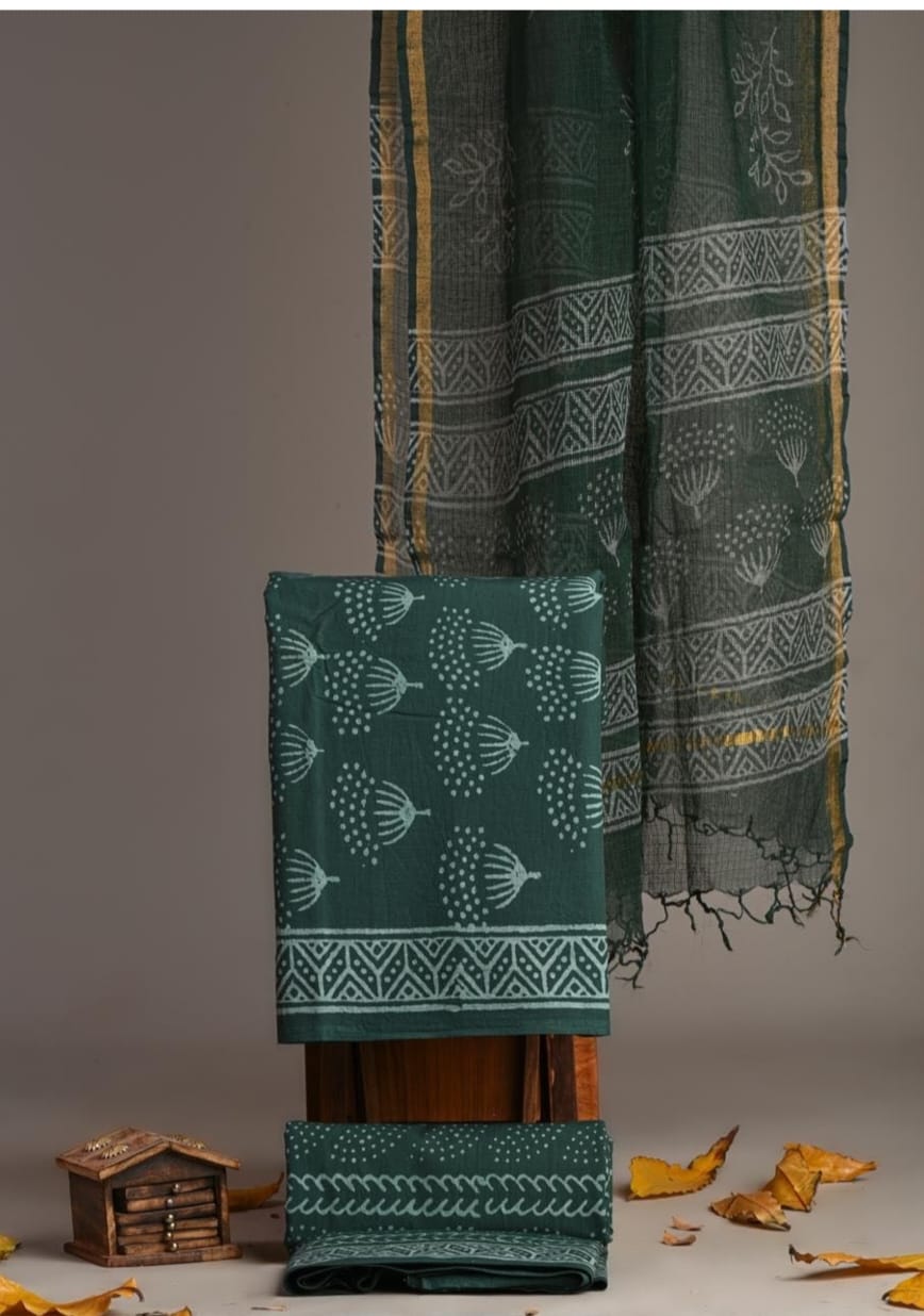 Pure Cotton Block Printed Suit Set with Kota Doriya Dupatta
