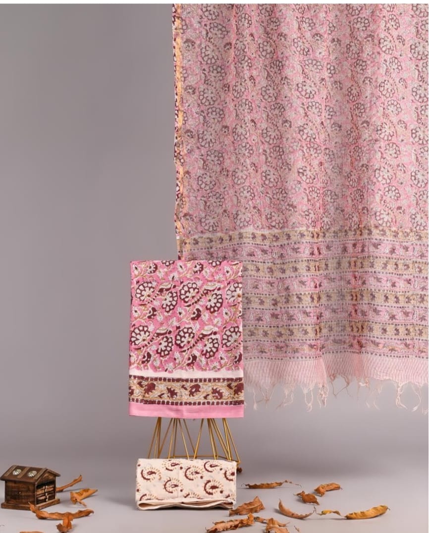 Exclusive Hand Block Printed Pure Linen Cotton Suit Set with Cotton Bottom