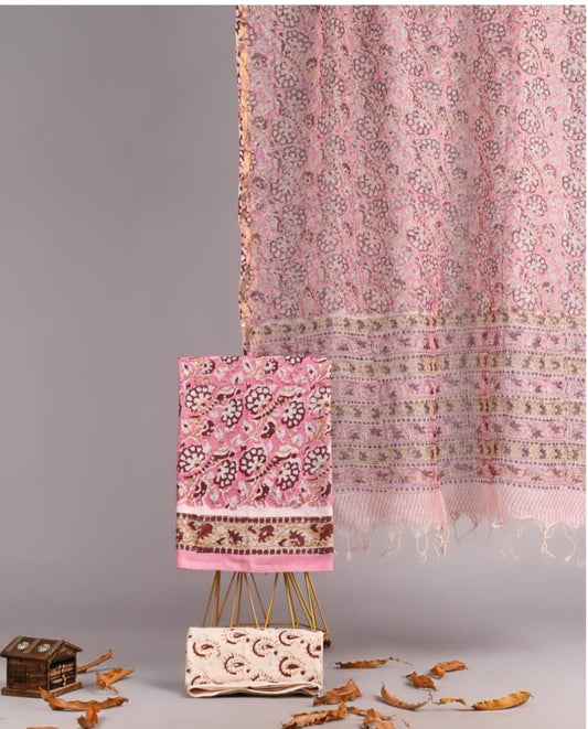 Exclusive Hand Block Printed Pure Linen Cotton Suit Set with Cotton Bottom