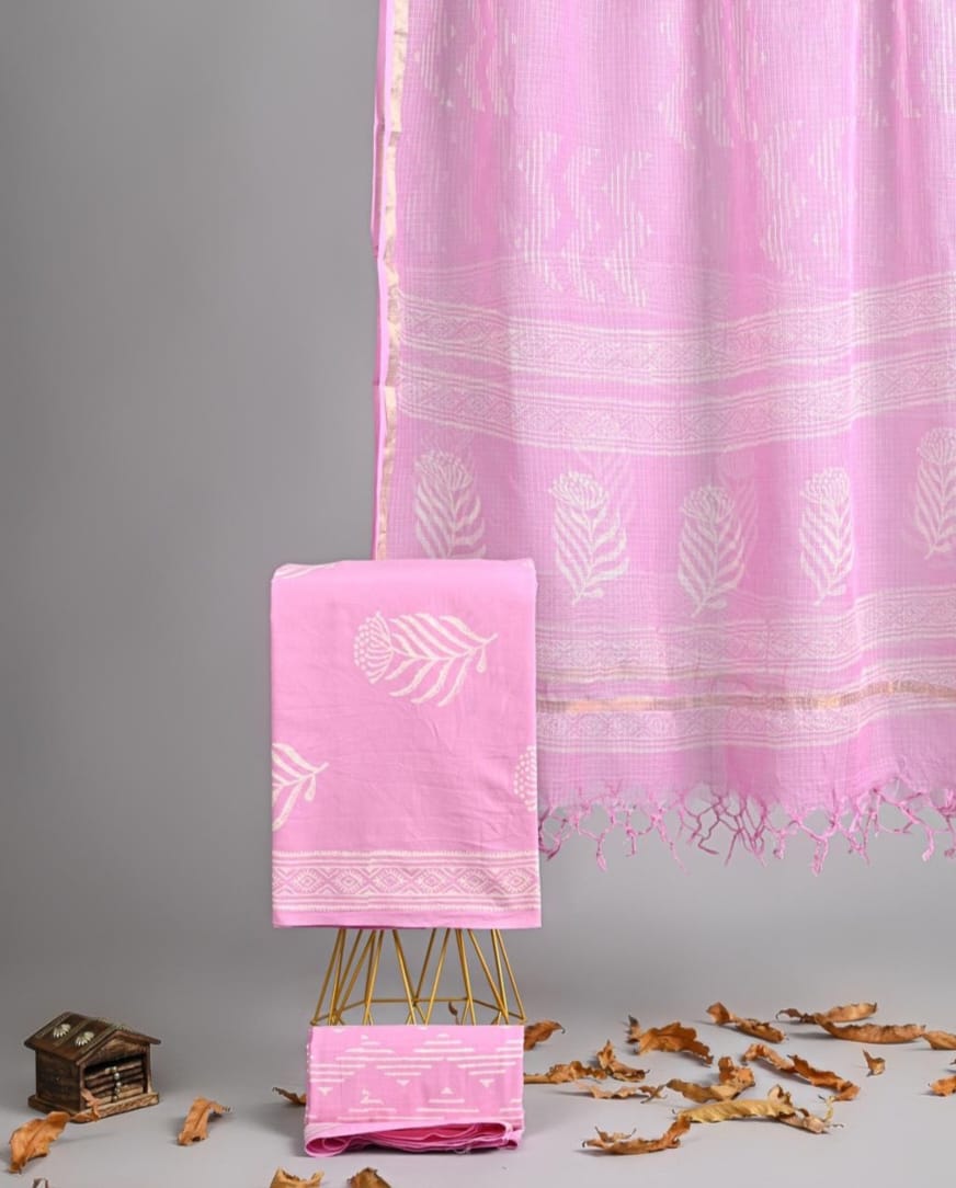 Exclusive Hand Block Printed Pure Linen Cotton Suit Set with Cotton Bottom