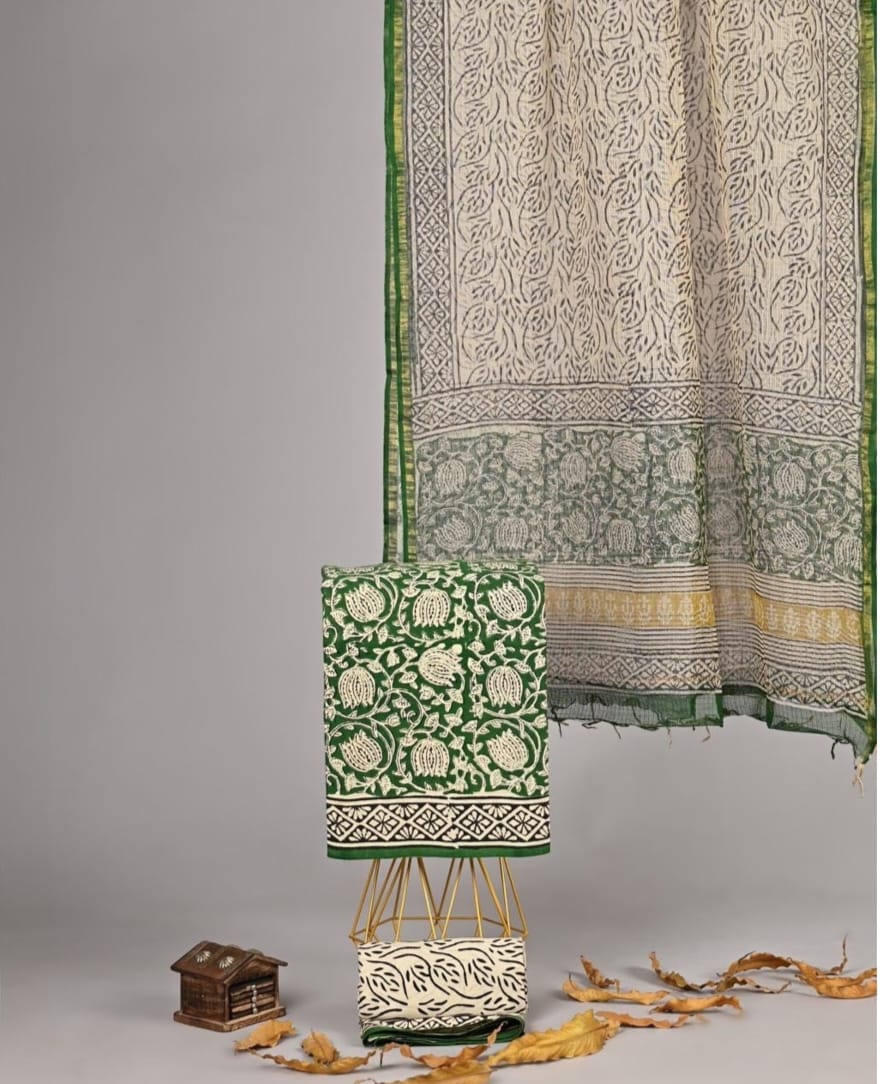 Exclusive Hand Block Printed Pure Linen Cotton Suit Set with Cotton Bottom