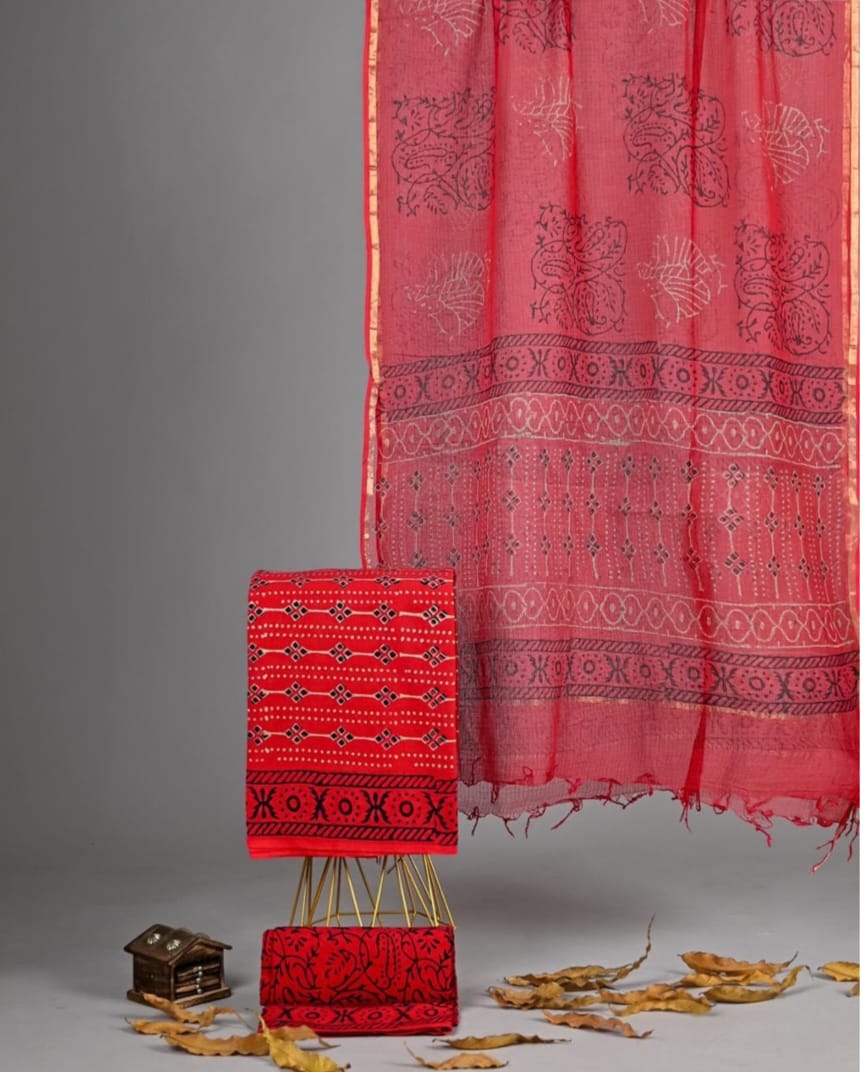 Exclusive Hand Block Printed Pure Linen Cotton Suit Set with Cotton Bottom