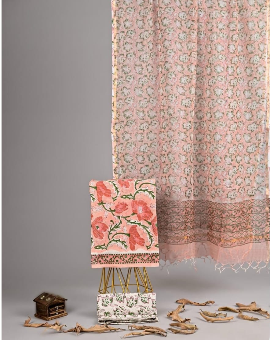 Exclusive Hand Block Printed Pure Linen Cotton Suit Set with Cotton Bottom