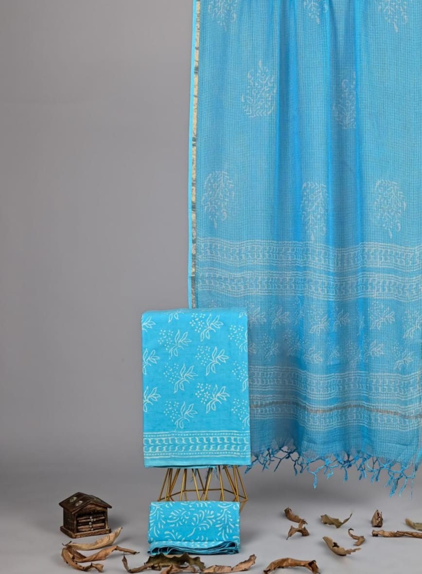 Exclusive Hand Block Printed Pure Linen Cotton Suit Set with Cotton Bottom