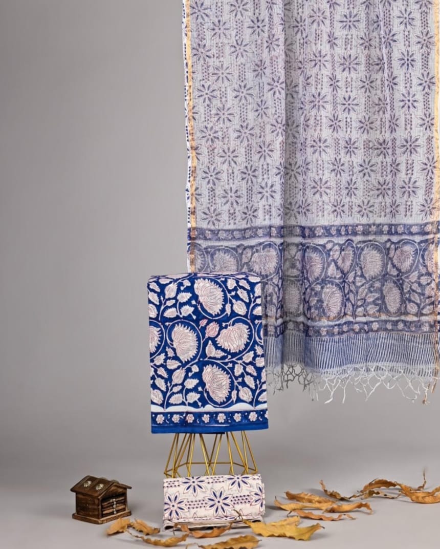 Exclusive Hand Block Printed Pure Linen Cotton Suit Set with Cotton Bottom