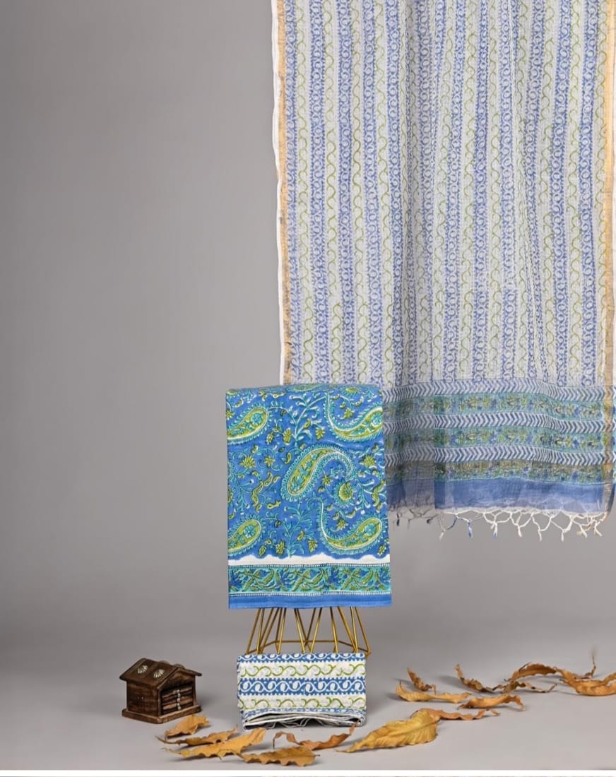 Exclusive Hand Block Printed Pure Linen Cotton Suit Set with Cotton Bottom