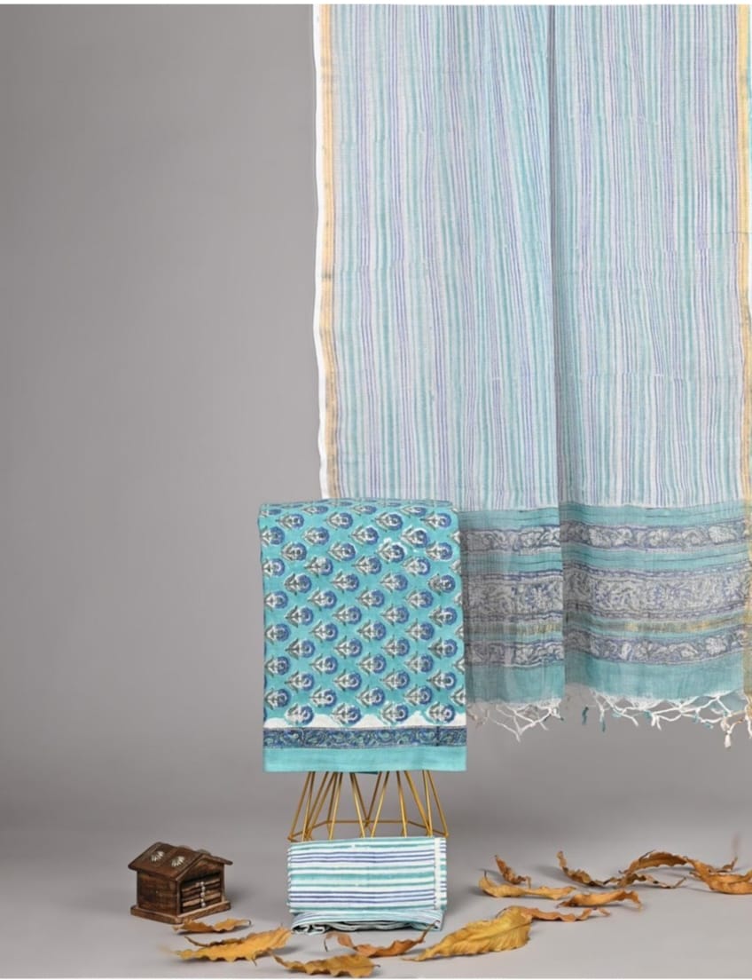Exclusive Hand Block Printed Pure Linen Cotton Suit Set with Cotton Bottom