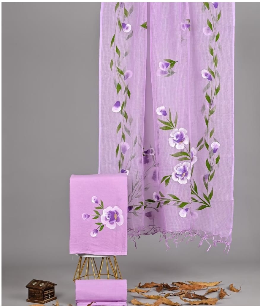 Exclusive Hand Block Printed Pure Linen Cotton Suit Set with Cotton Bottom