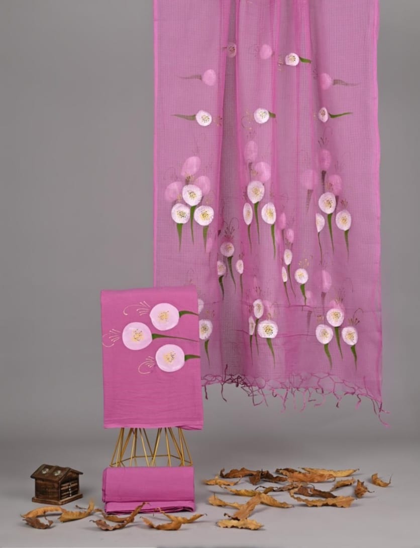 Exclusive Hand Block Printed Pure Linen Cotton Suit Set with Cotton Bottom