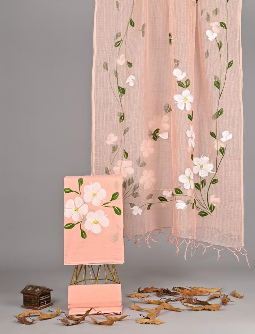 Exclusive Hand Block Printed Pure Linen Cotton Suit Set with Cotton Bottom