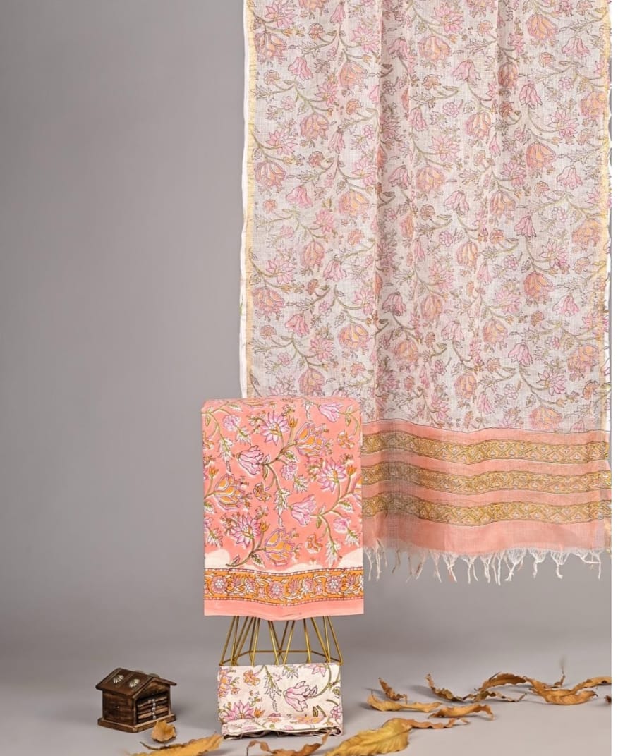 Exclusive Hand Block Printed Pure Linen Cotton Suit Set with Cotton Bottom