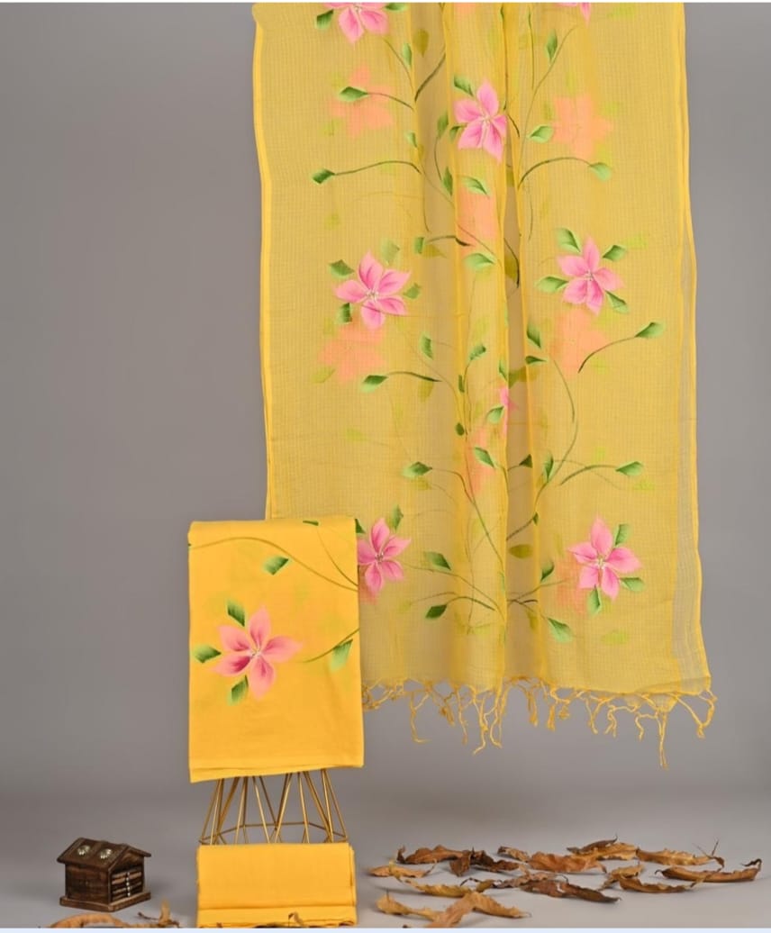 Exclusive Hand Block Printed Pure Linen Cotton Suit Set with Cotton Bottom