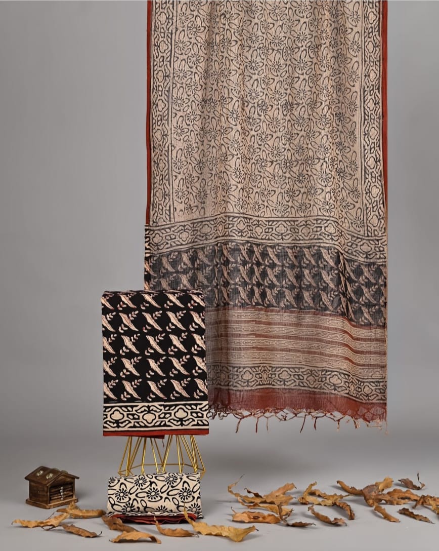 Exclusive Hand Block Printed Pure Linen Cotton Suit Set with Cotton Bottom