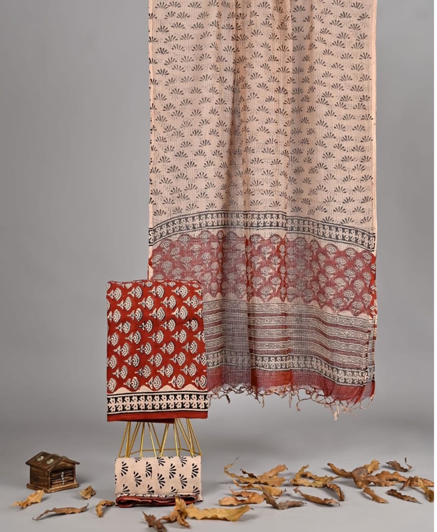 Exclusive Hand Block Printed Pure Linen Cotton Suit Set with Cotton Bottom