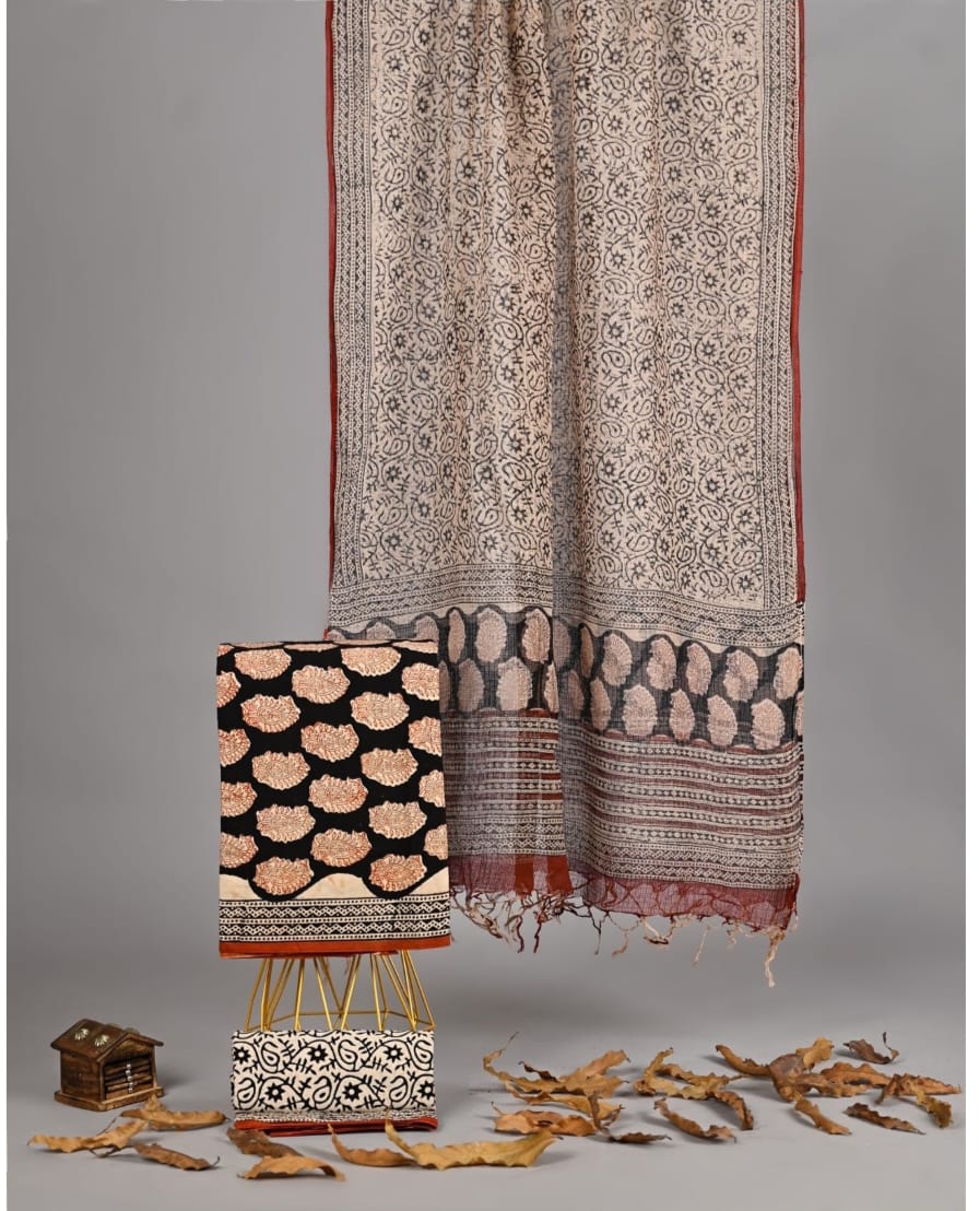 Exclusive Hand Block Printed Pure Linen Cotton Suit Set with Cotton Bottom