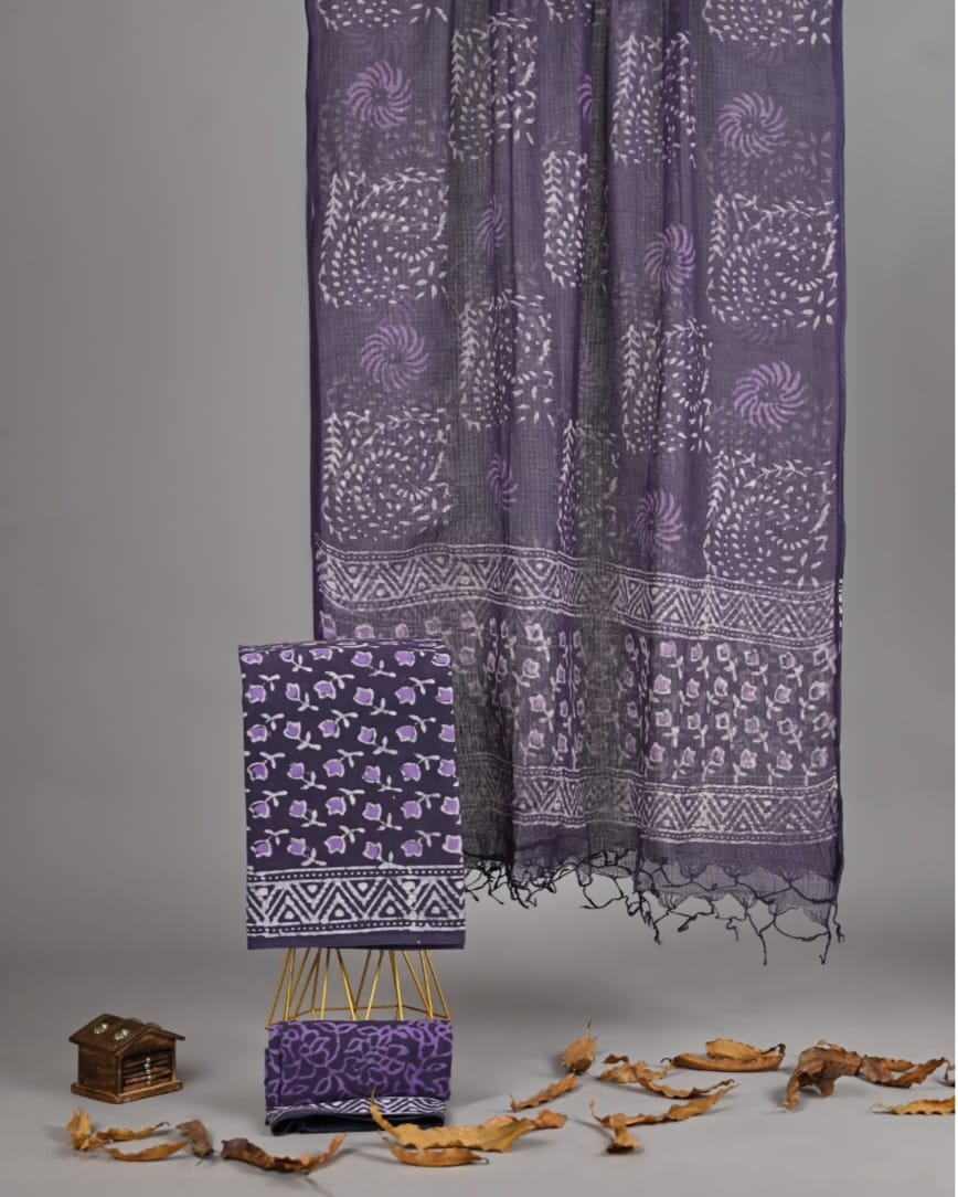 Exclusive Hand Block Printed Pure Linen Cotton Suit Set with Cotton Bottom