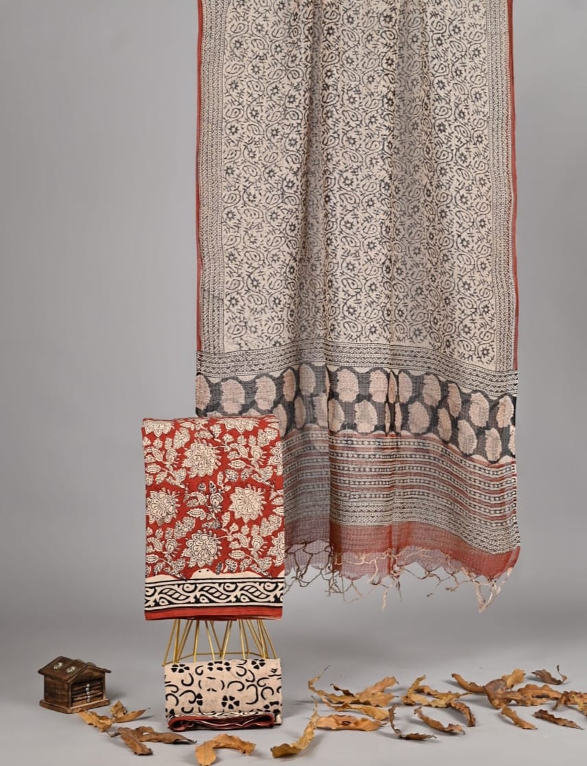 Exclusive Hand Block Printed Pure Linen Cotton Suit Set with Cotton Bottom