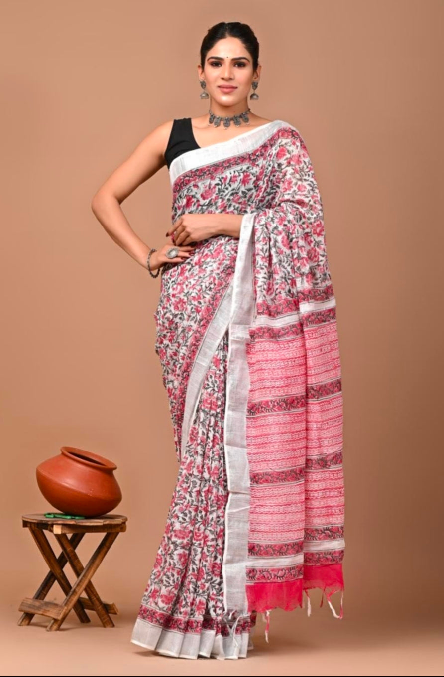 Bagru Linen Cotton Sarees