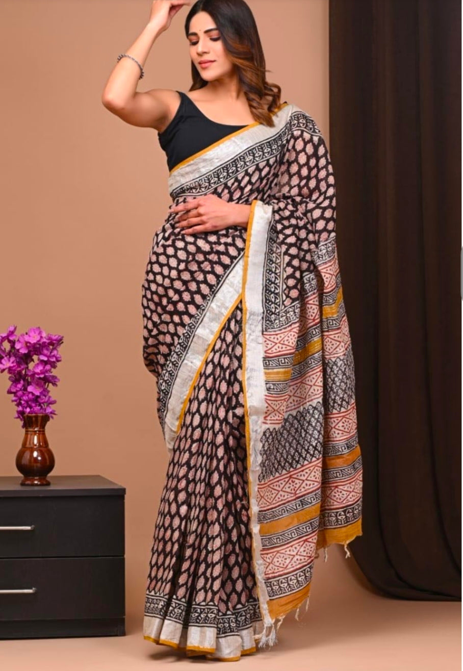 Bagru Linen Cotton Sarees