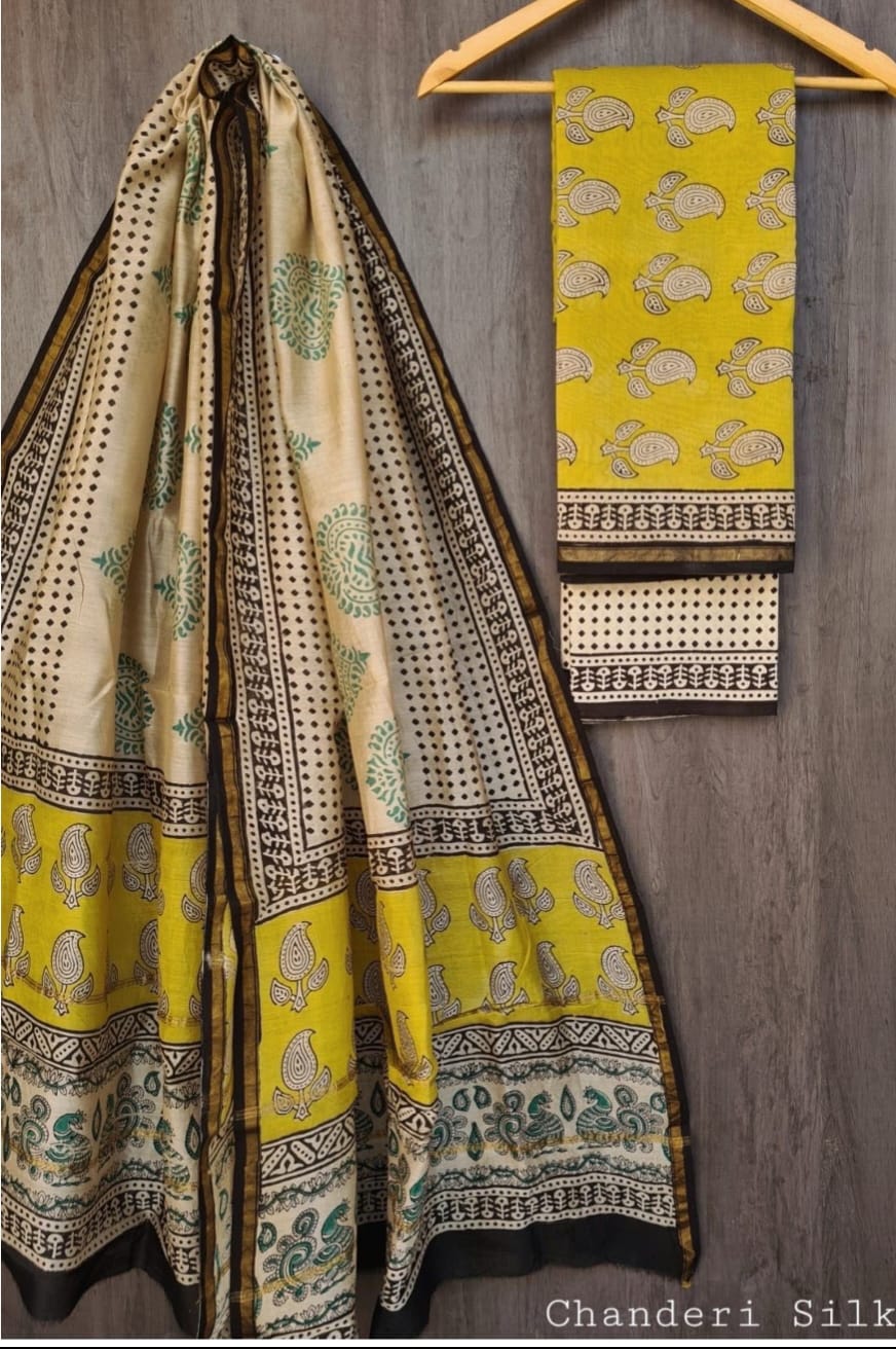 Exclusive Hand Block Printed Pure Maheshwari Border Silk Suit Set with Cotton Bottom