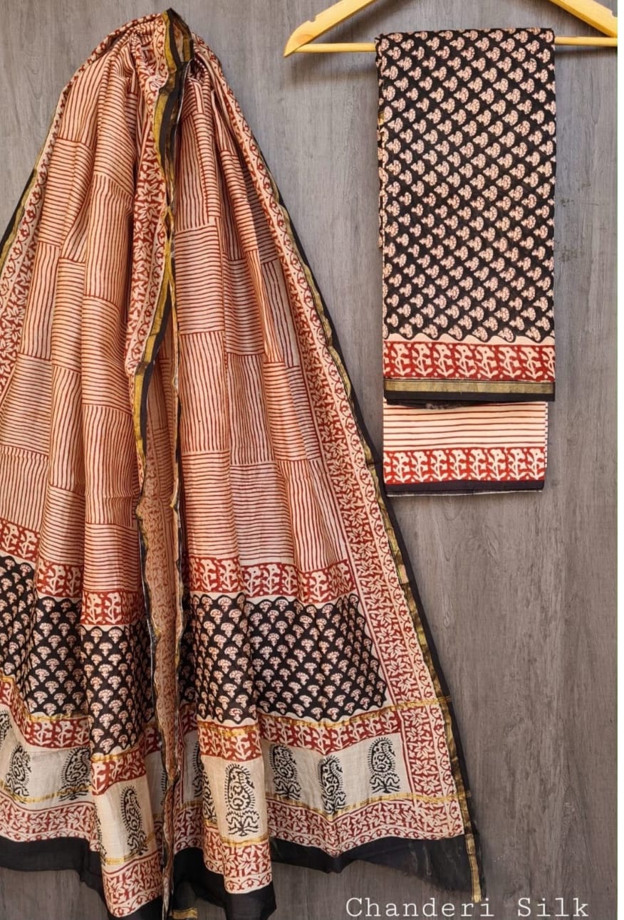 Exclusive Hand Block Printed Pure Maheshwari Border Silk Suit Set with Cotton Bottom