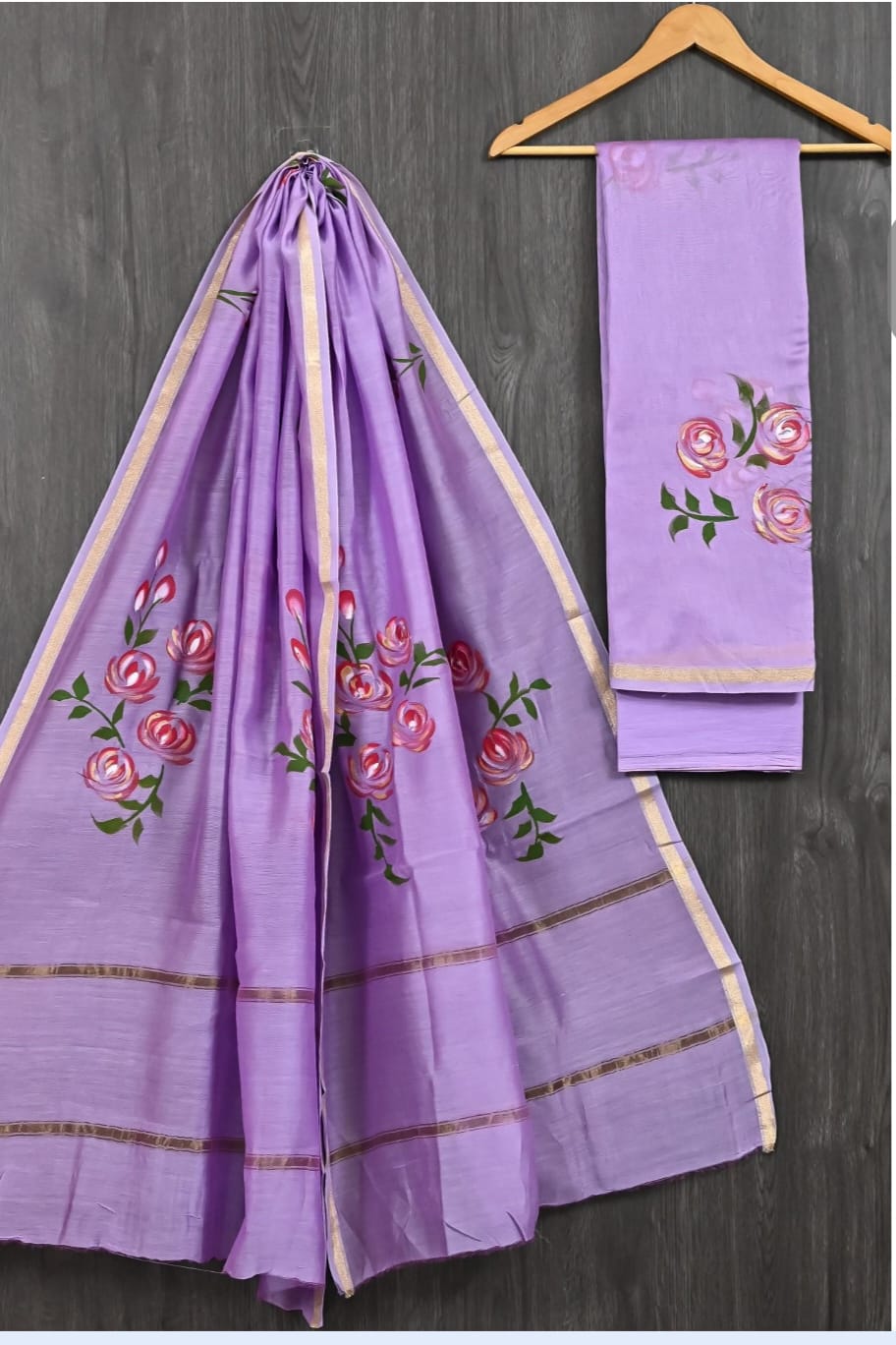 Exclusive Hand Block Printed Pure Maheshwari Border Silk Suit Set with Cotton Bottom