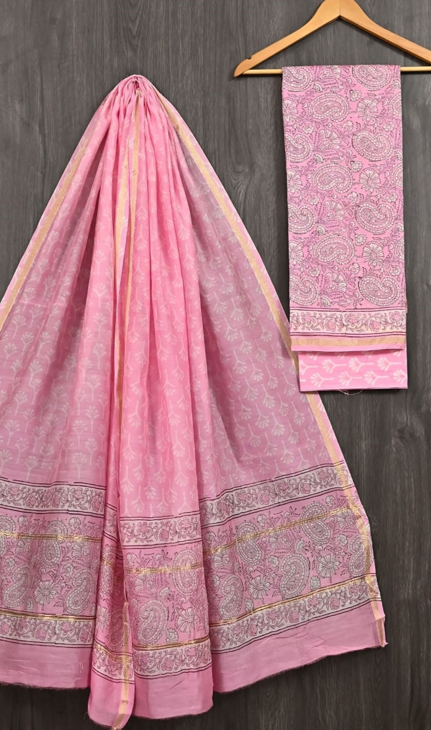 Exclusive Hand Block Printed Pure Maheshwari Border Silk Suit Set with Cotton Bottom