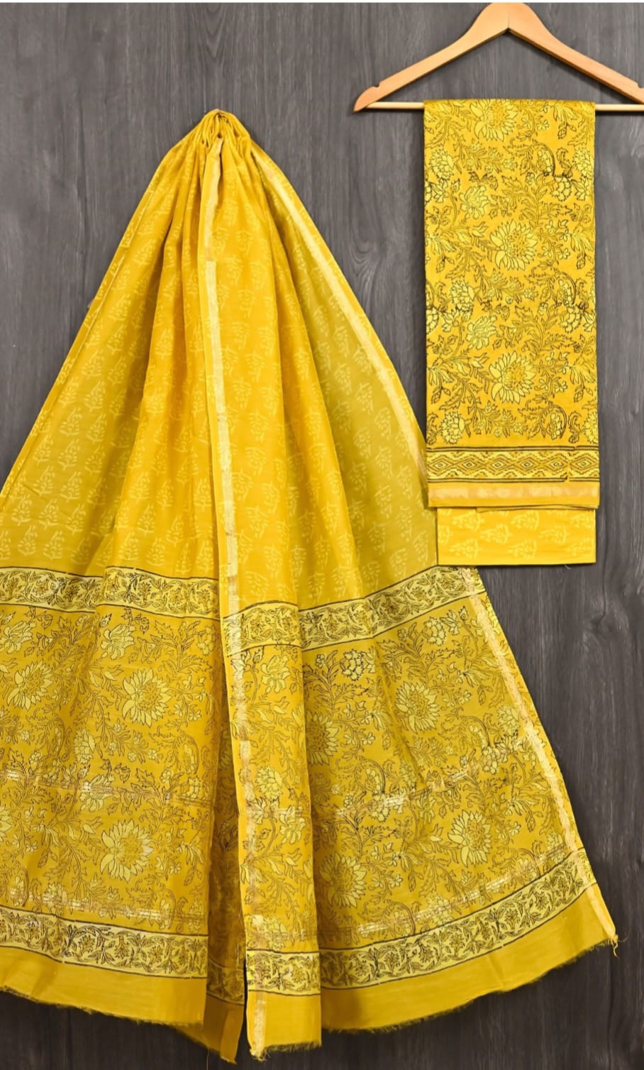 Exclusive Hand Block Printed Pure Maheshwari Border Silk Suit Set with Cotton Bottom