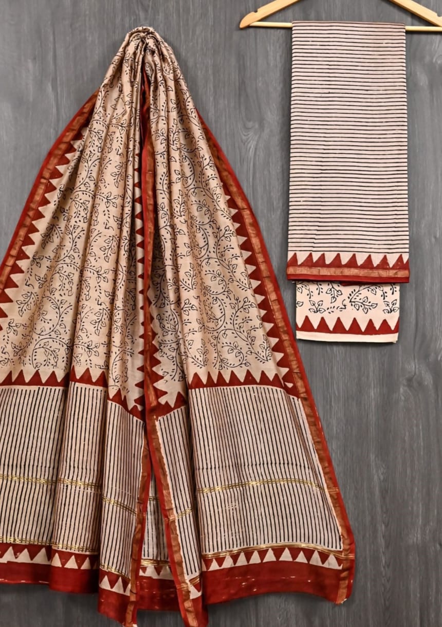 Exclusive Hand Block Printed Pure Maheshwari Border Silk Suit Set with Cotton Bottom