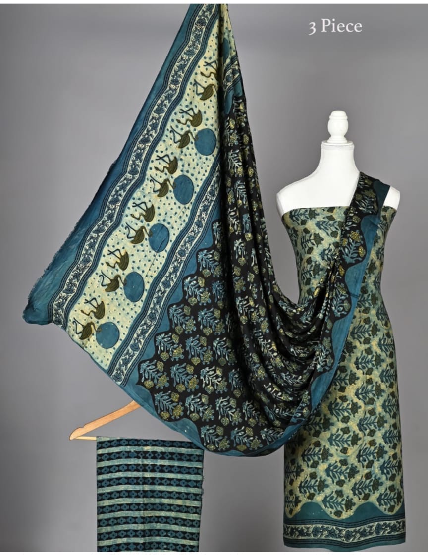Premium 100% Pure Ajrakh Modal Silk Hand Block Printed Suit Set with Dupatta