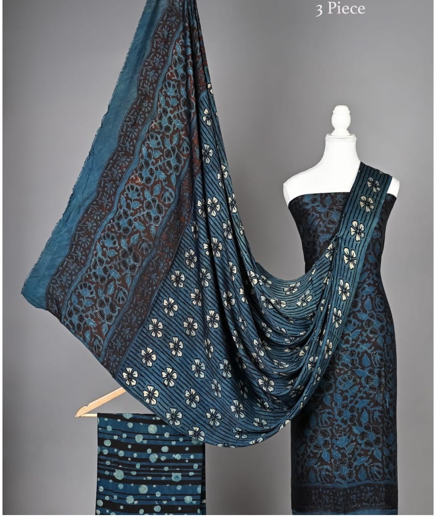 Premium 100% Pure Ajrakh Modal Silk Hand Block Printed Suit Set with Dupatta
