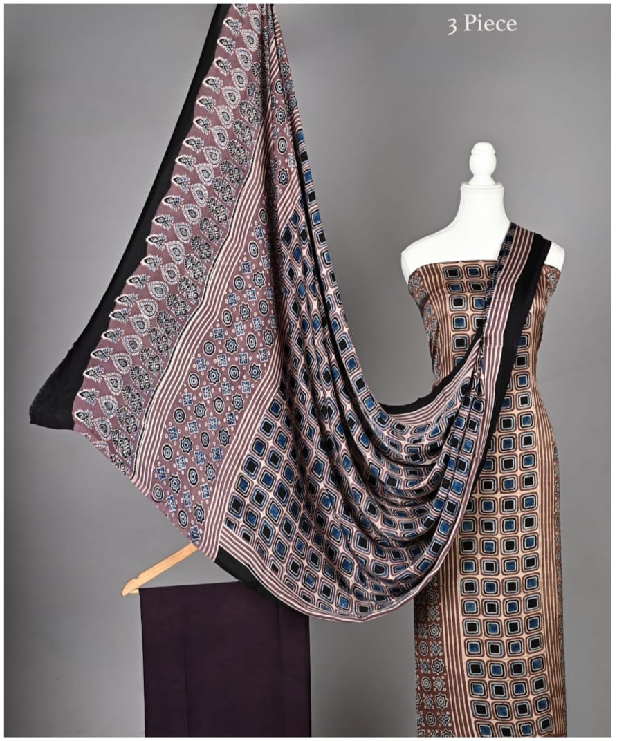 Premium 100% Pure Ajrakh Modal Silk Hand Block Printed Suit Set with Dupatta