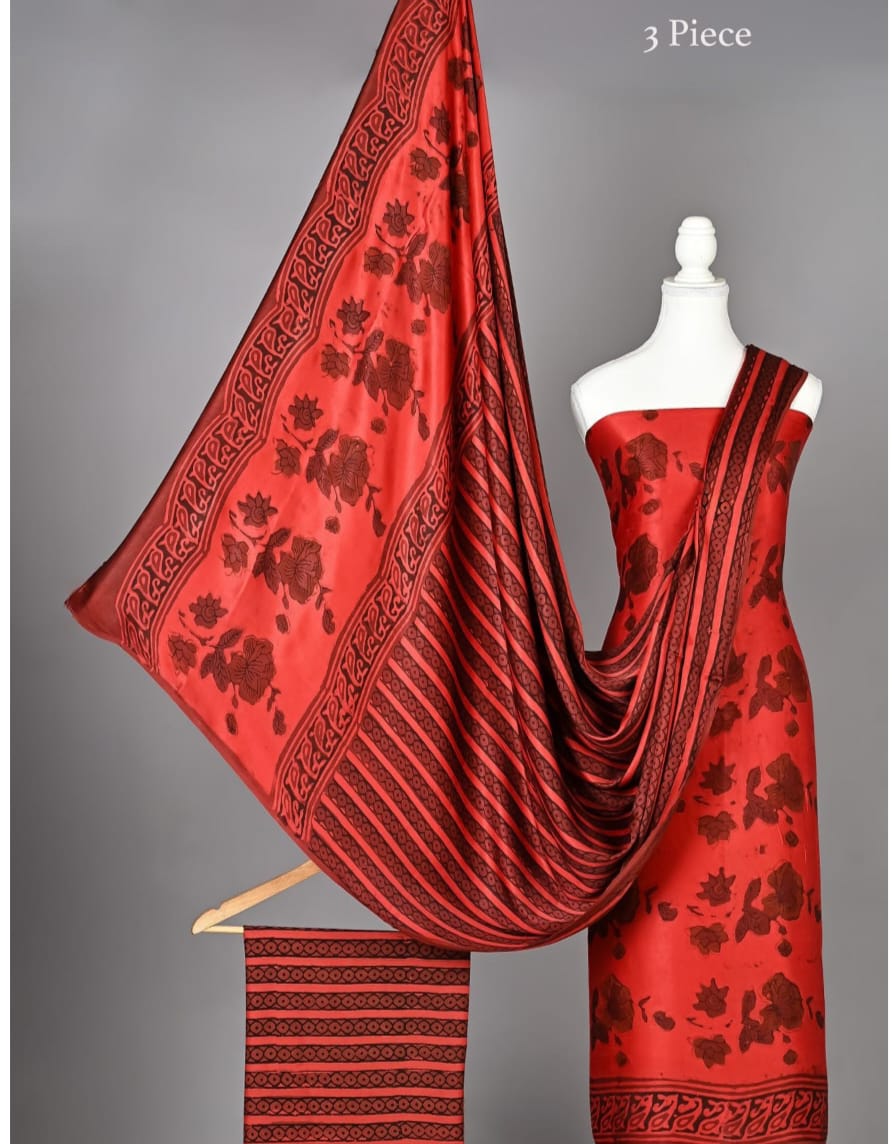 Premium 100% Pure Ajrakh Modal Silk Hand Block Printed Suit Set with Dupatta