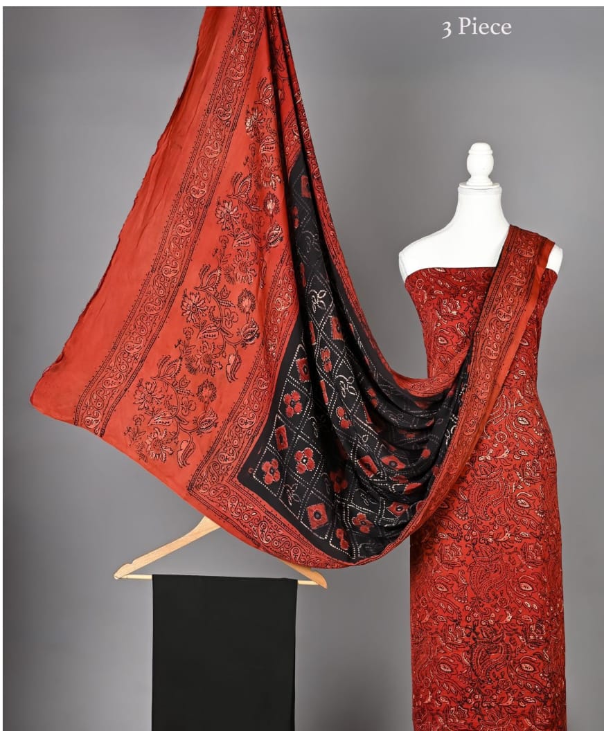 Premium 100% Pure Ajrakh Modal Silk Hand Block Printed Suit Set with Dupatta