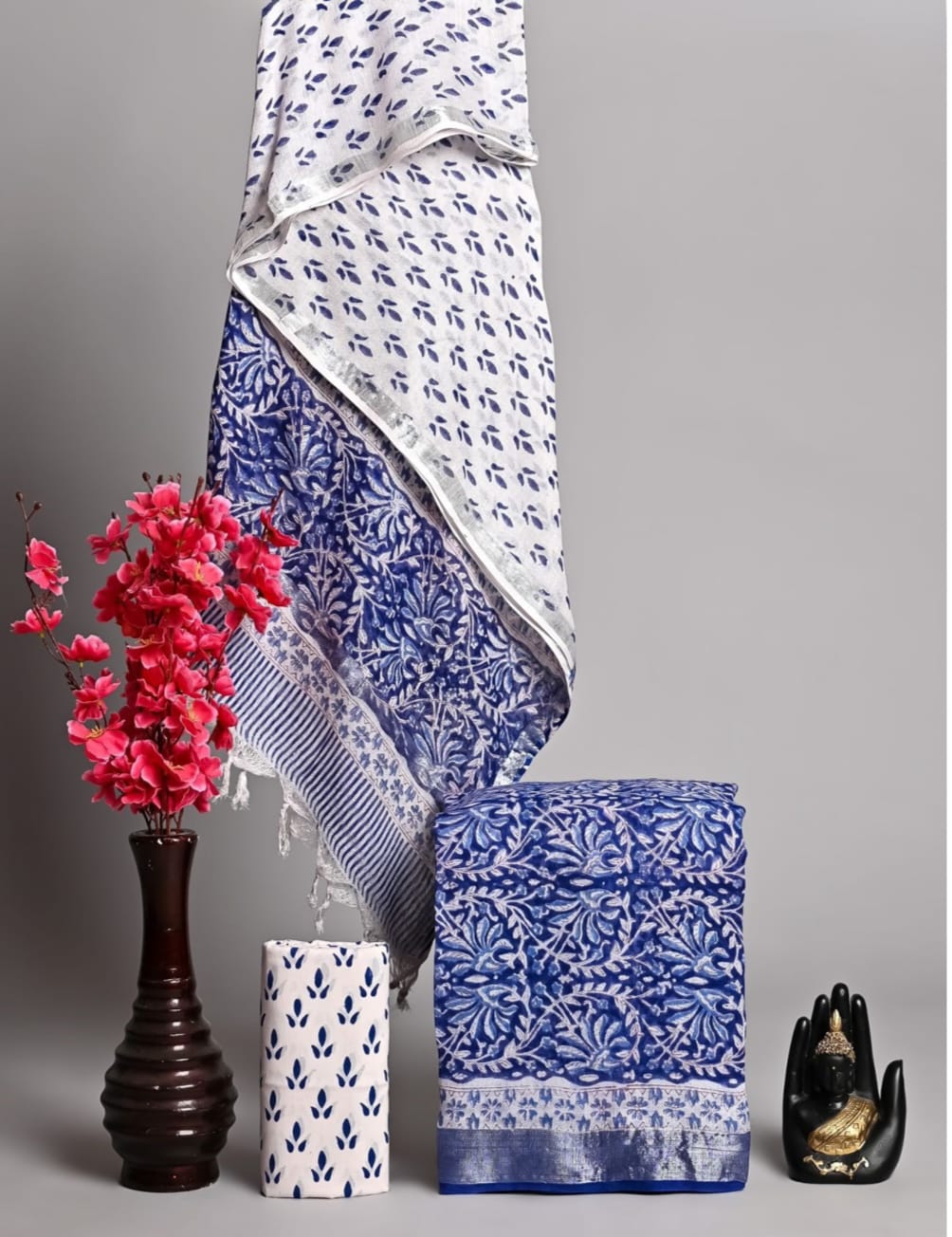 Exclusive Hand Block Printed Pure Linen Cotton Suit Set with Cotton Bottom