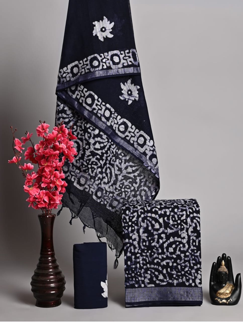 Exclusive Hand Block Printed Pure Linen Cotton Suit Set with Cotton Bottom