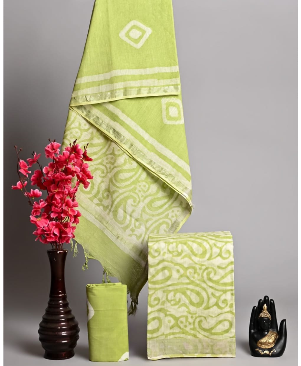 Exclusive Hand Block Printed Pure Linen Cotton Suit Set with Cotton Bottom