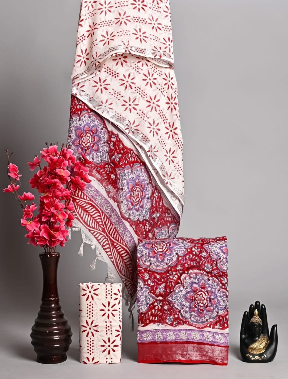 Exclusive Hand Block Printed Pure Linen Cotton Suit Set with Cotton Bottom