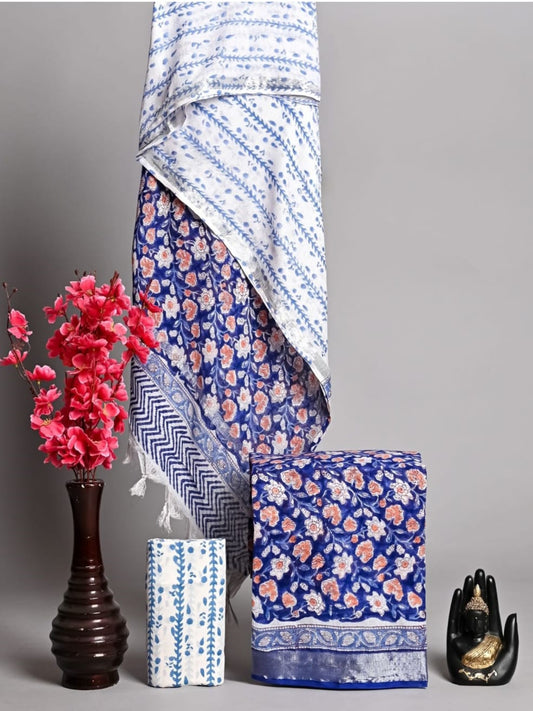 Exclusive Hand Block Printed Pure Linen Cotton Suit Set with Cotton Bottom