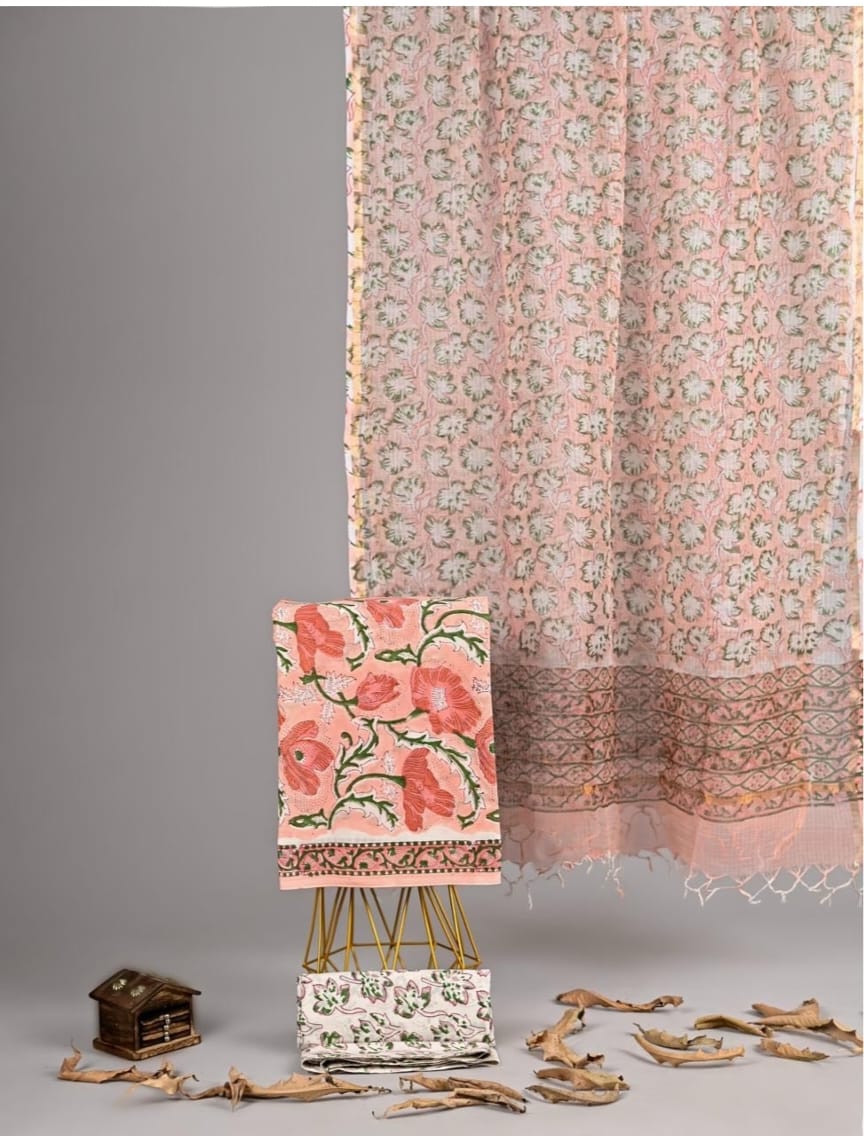 Pure Cotton Block Printed Suit Set with Kota Doriya Dupatta