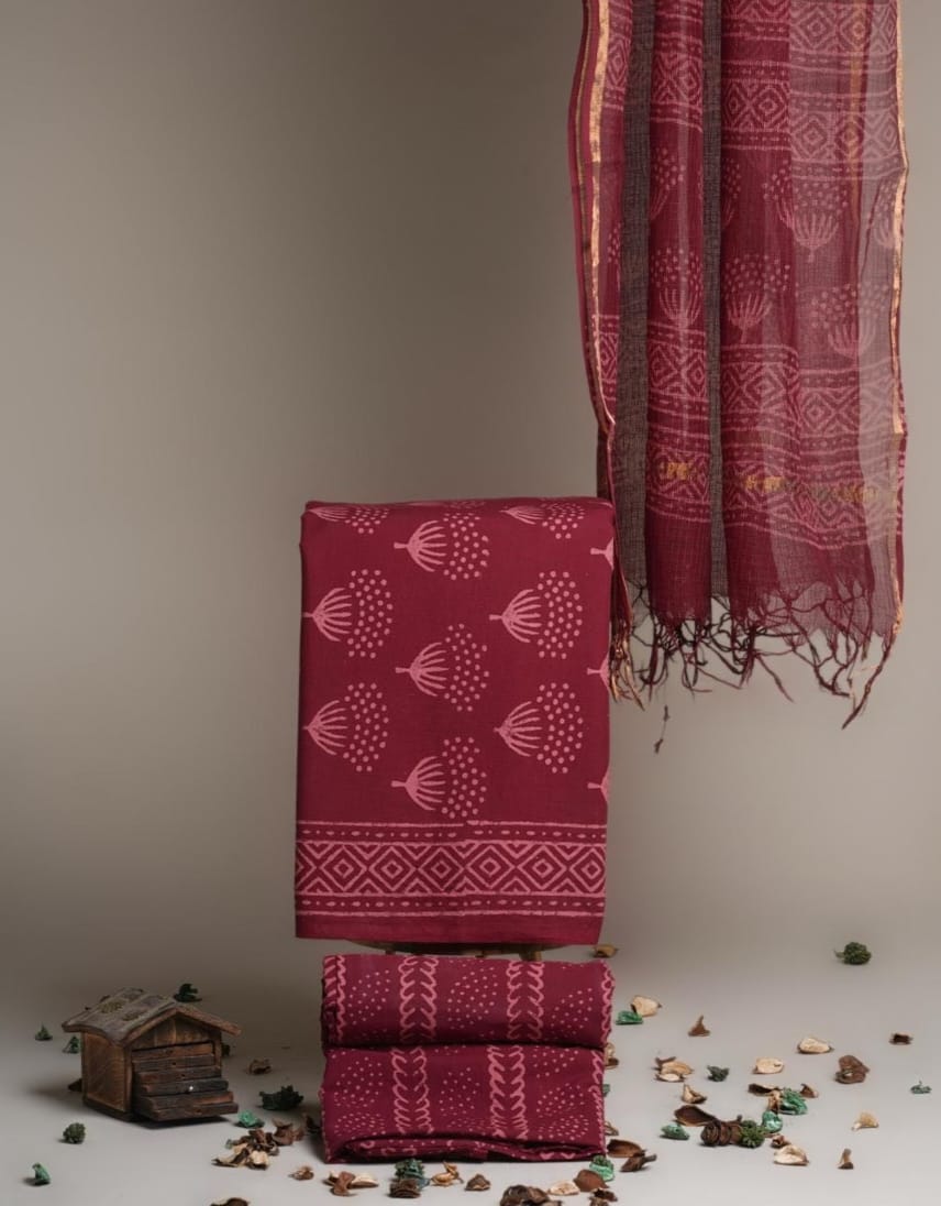 Pure Cotton Block Printed Suit Set with Kota Doriya Dupatta