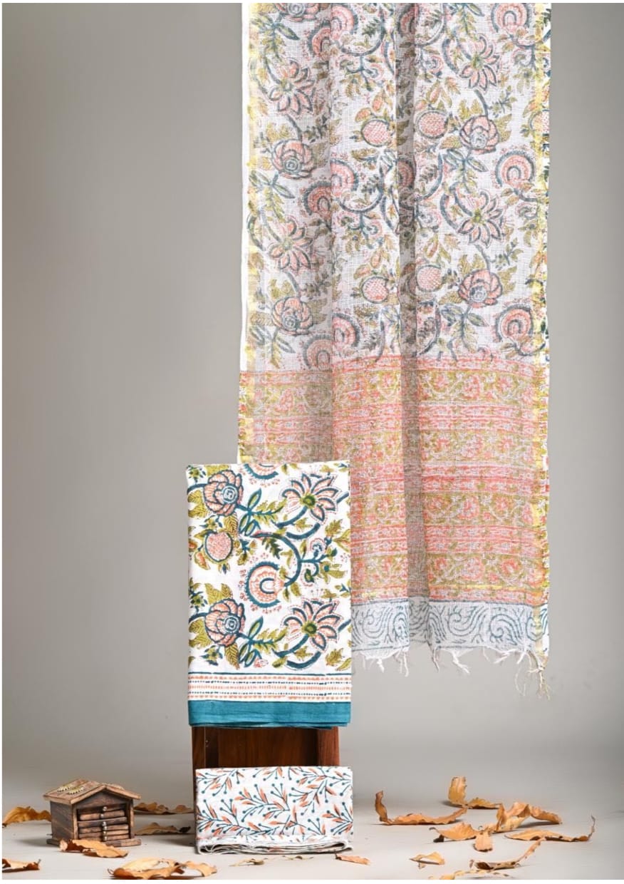 Pure Cotton Block Printed Suit Set with Kota Doriya Dupatta