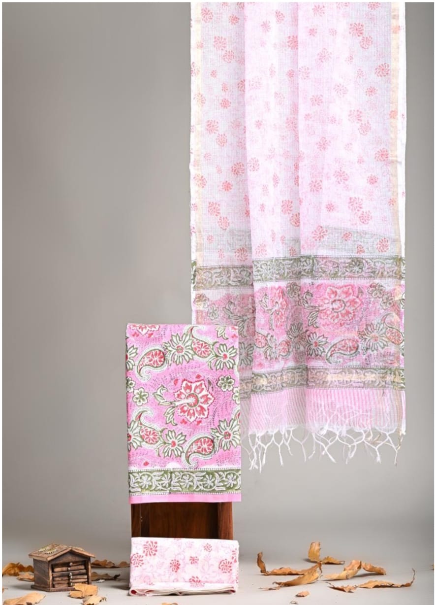 Pure Cotton Block Printed Suit Set with Kota Doriya Dupatta