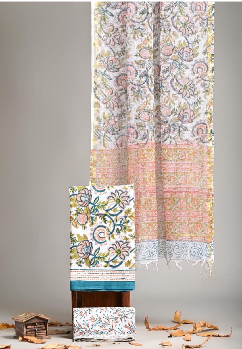 Pure Cotton Block Printed Suit Set with Kota Doriya Dupatta