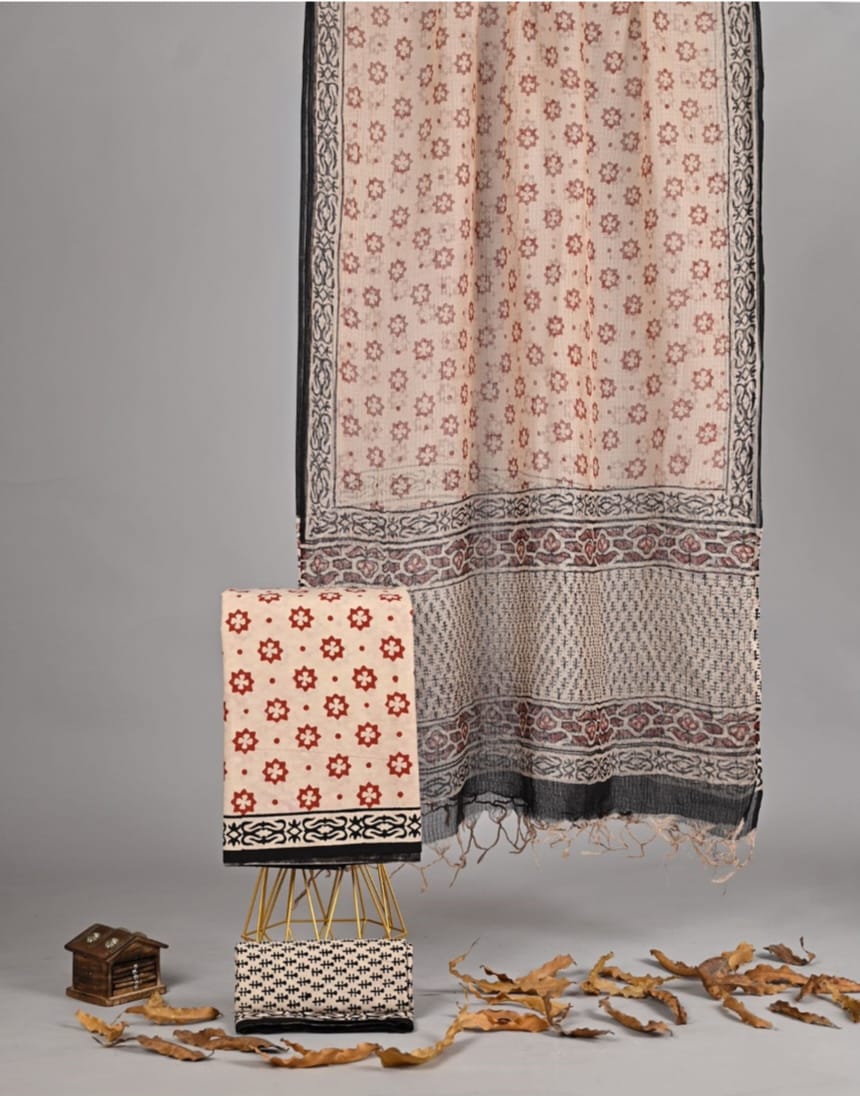 Exclusive Hand Block Printed Pure Linen Cotton Suit Set with Cotton Bottom
