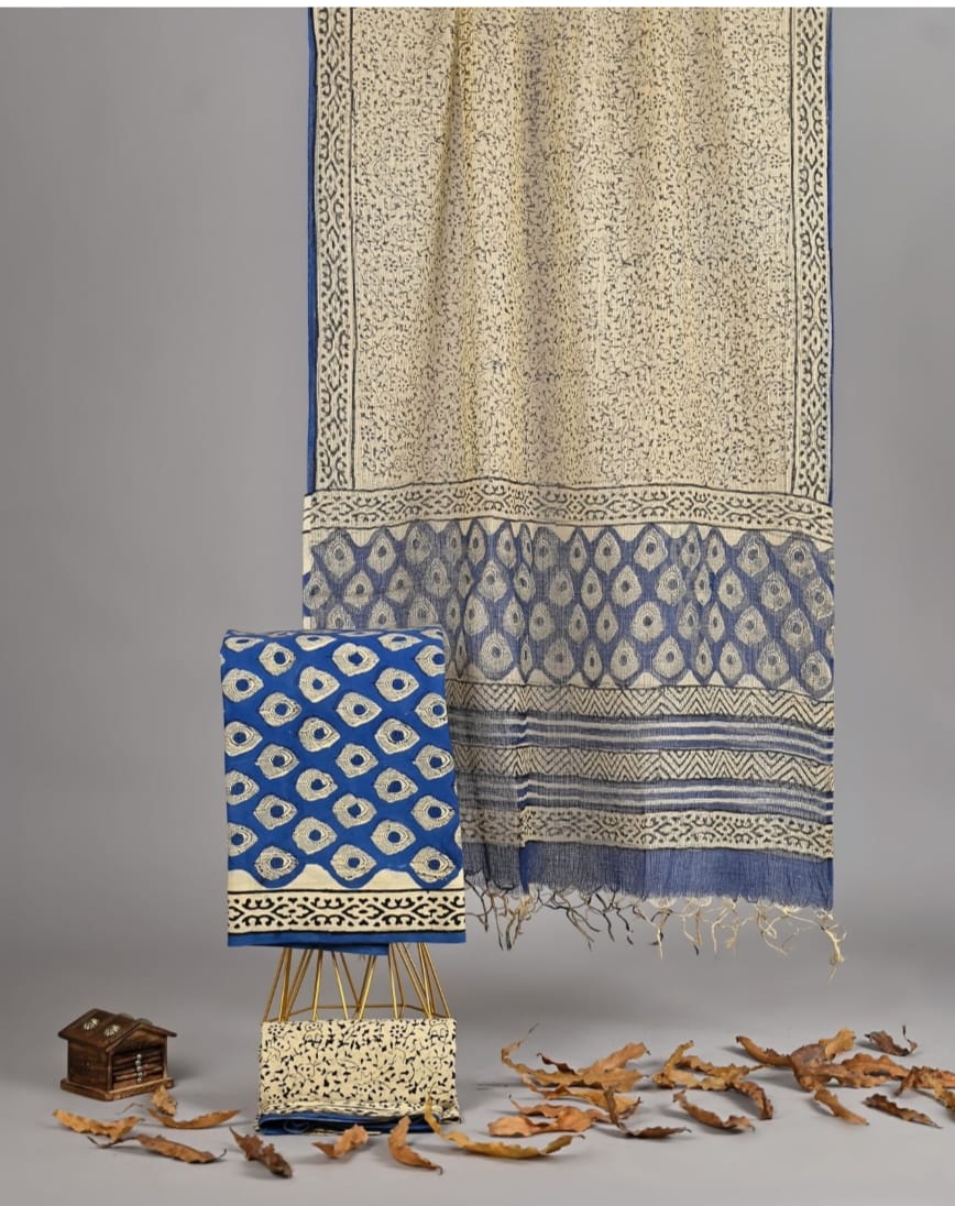 Exclusive Hand Block Printed Pure Linen Cotton Suit Set with Cotton Bottom