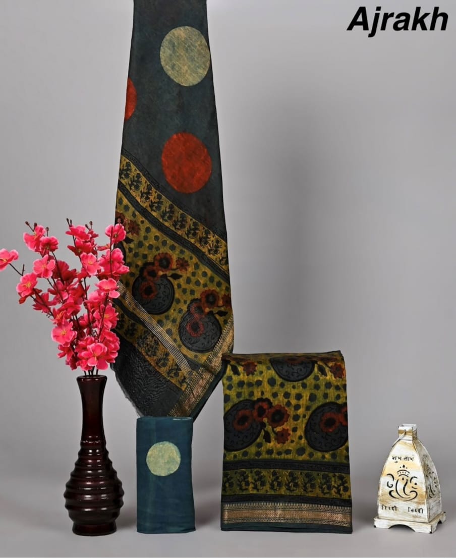 Exclusive Hand Block Printed Pure Maheshwari Border Silk Suit Set with Cotton Bottom