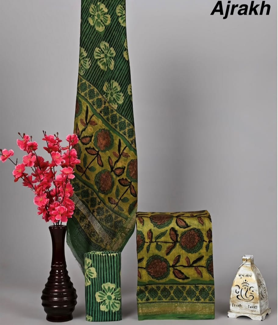 Exclusive Hand Block Printed Pure Maheshwari Border Silk Suit Set with Cotton Bottom
