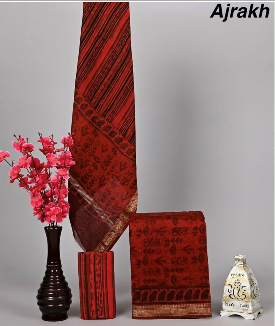Exclusive Hand Block Printed Pure Maheshwari Border Silk Suit Set with Cotton Bottom