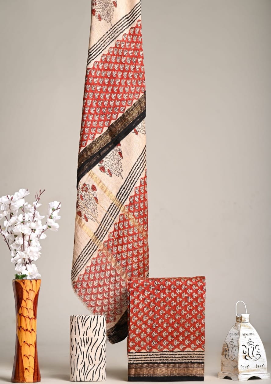 Exclusive Hand Block Printed Pure Maheshwari Border Silk Suit Set with Cotton Bottom